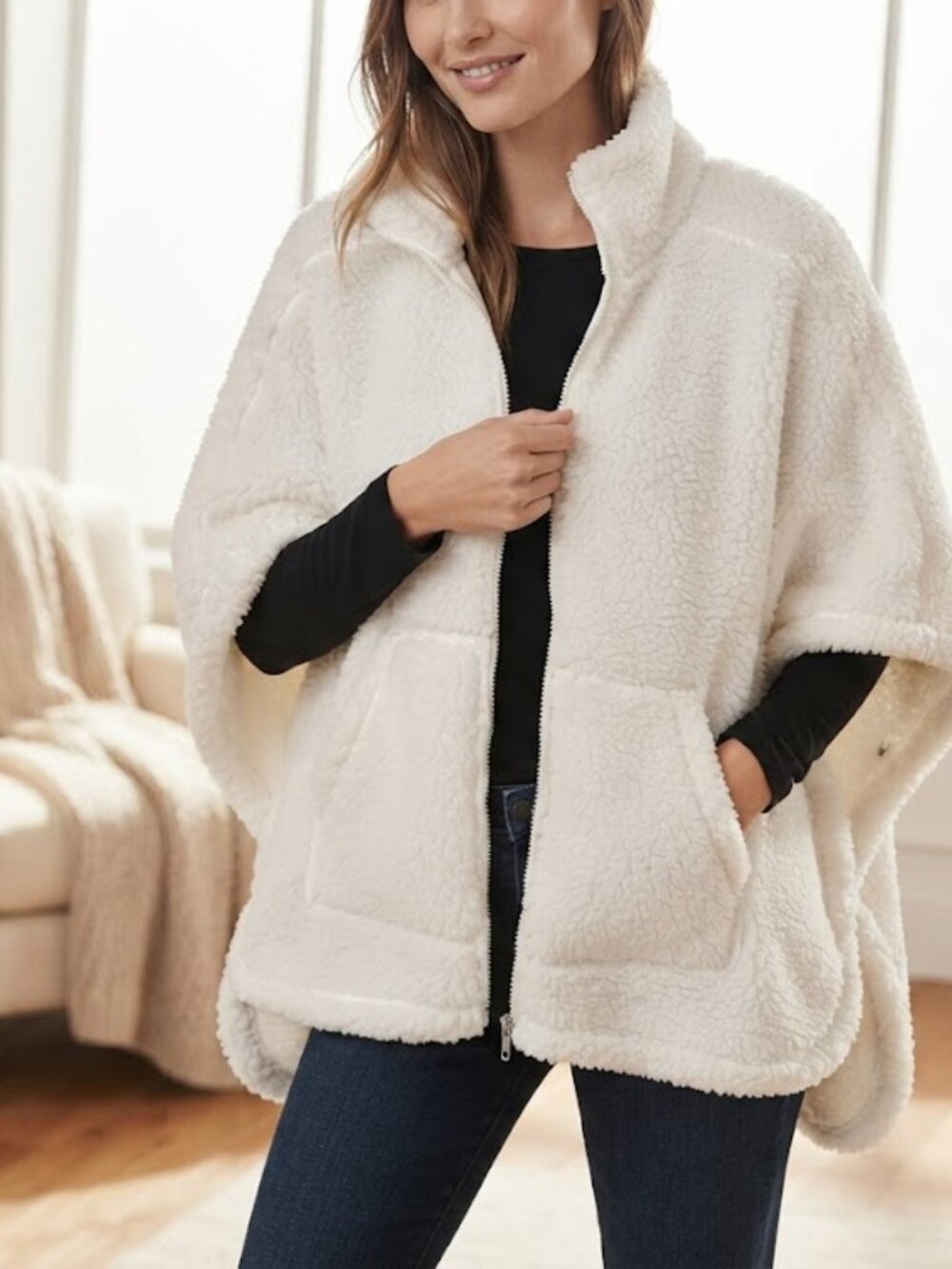 Calvin Klein Cozy White Fleece Poncho